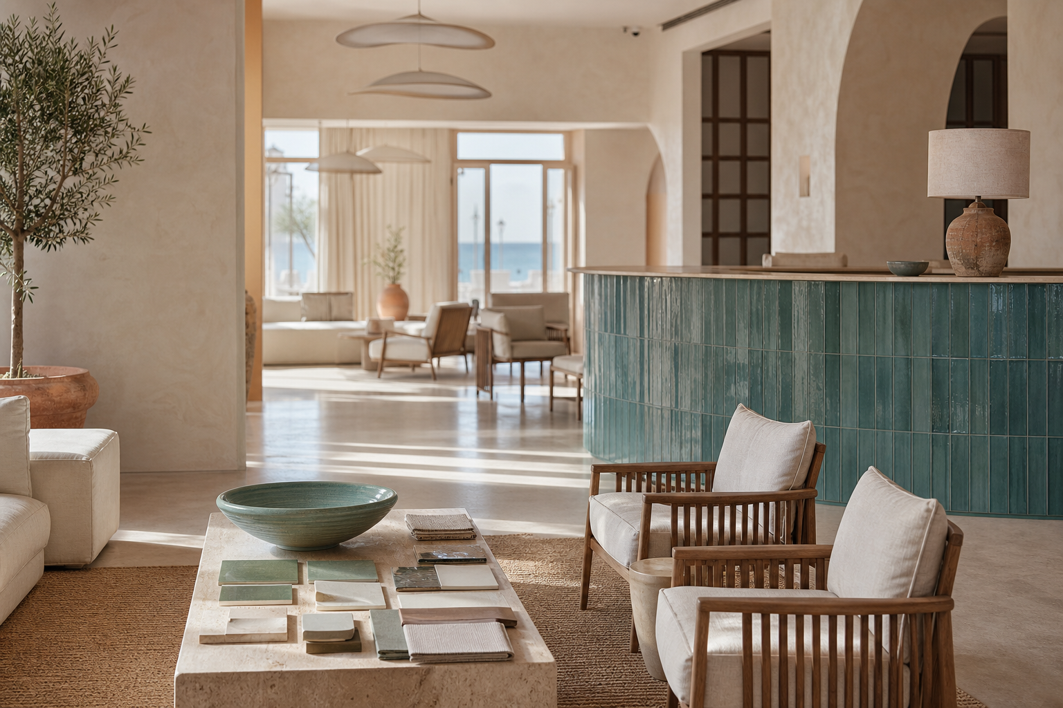 Concept illustrativo di lounge costiera con materiali sabbia, verde mare e terracotta