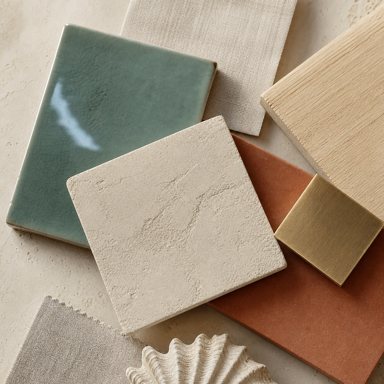 Campioni materici sabbia, verde mare, terracotta, legno e lino